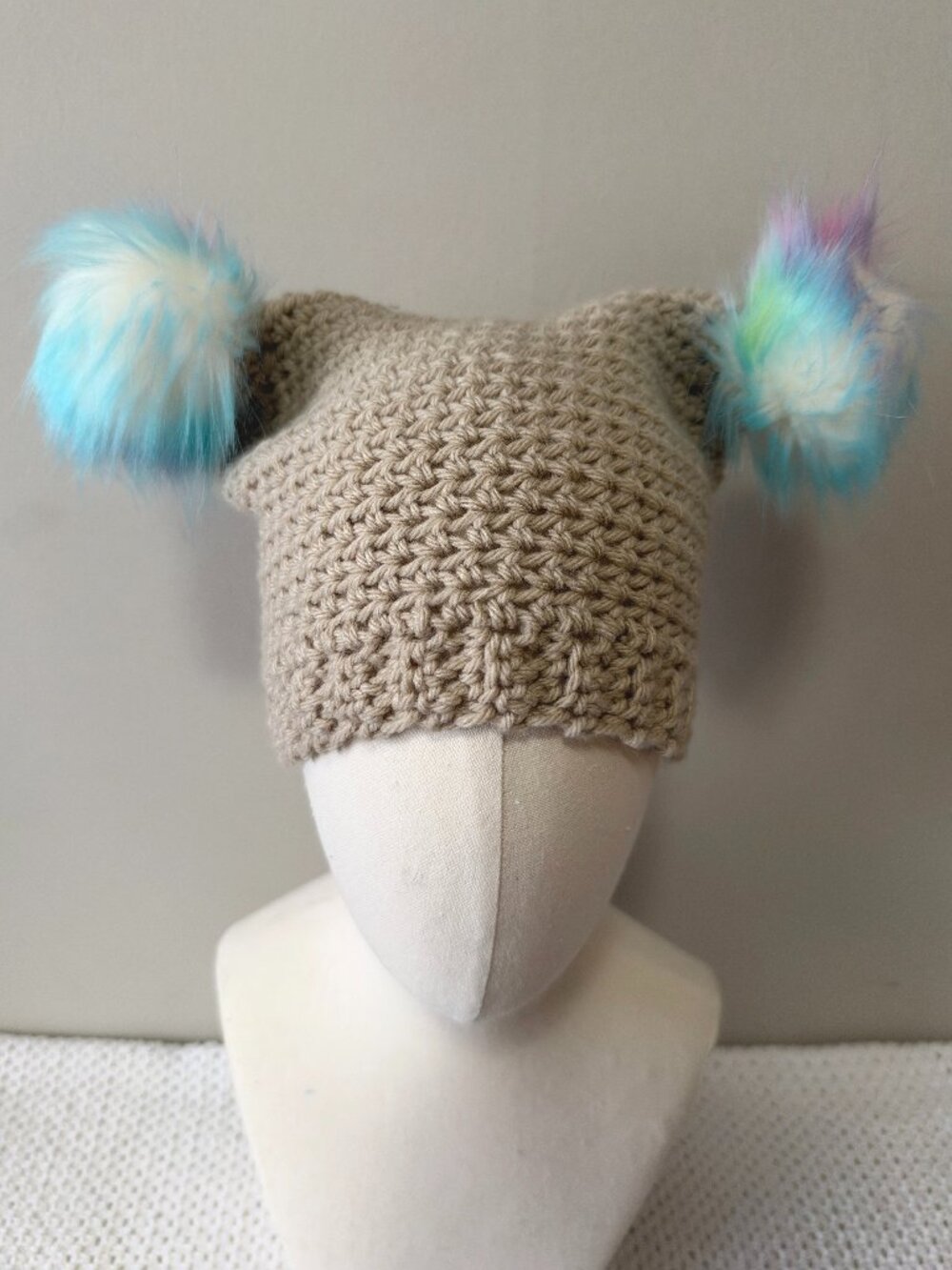 Handmade Crochet Beige/Light Tan Neon Pompoms Jester Hat